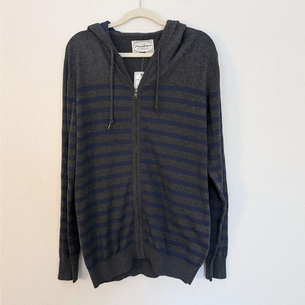Flag & Anthem Hoodie Sweater Mens Large Gray Striped Full Zip Knit Cotton NWT